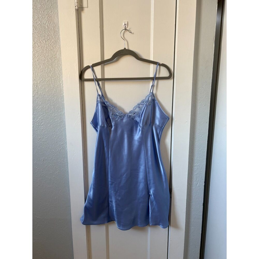 Y2K L Victoria's Secret Periwinkle Blue Satin Mini Slip Dress Lace Fairy Floral